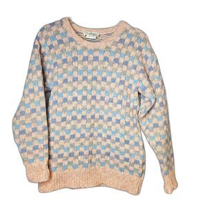 Moffat Woollens Vintage Tight Knit Pastel Checkerboard Wool Pull Over Sweater